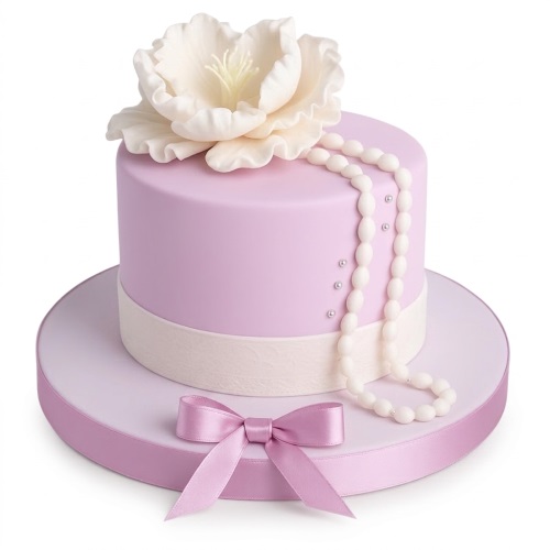 Single-tier lilac cake with white sugar flower, edible pearls, and lilac ribbon.