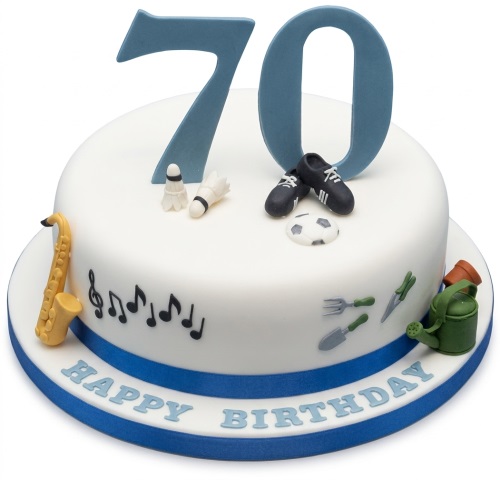 White round birthday cake with blue custom age topper and fondant hobby decorations including saxophone, music notes, sports gear, and gardening tools.