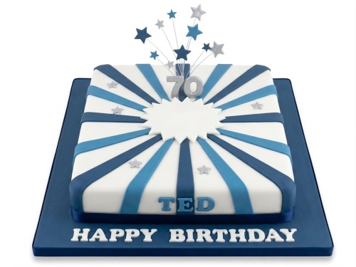 Square white and blue starburst birthday cake with custom age topper and personalised name.