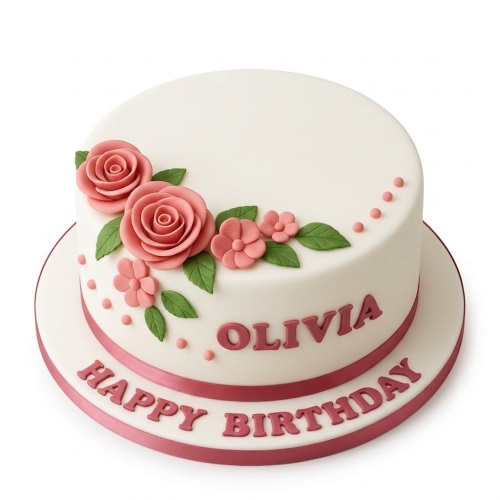 White round birthday cake with pink sugar roses, green leaves, and a pink ribbon base, with a custom message.