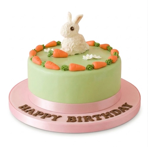 Round green cake with a white rabbit topper and orange carrots, on a pink board with "Happy Birthday" text.