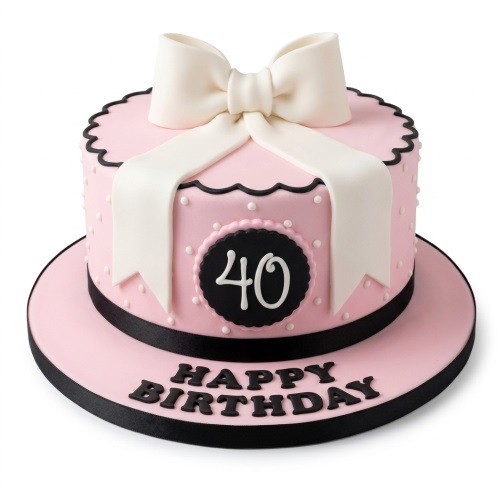 Pink birthday cake with a white bow, polka dots, black trim, and custom age plaque.