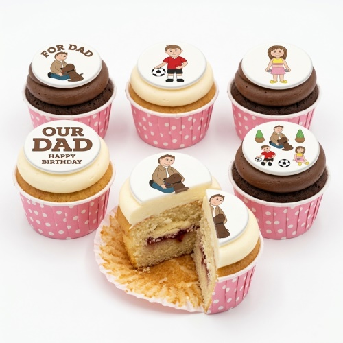 Set of six cupcakes with family and dad themed edible toppers, including a man with a dog, a boy with a football, a girl, and messages 'FOR DAD' and 'OUR DAD HAPPY BIRTHDAY', in pink polka dot cases.
