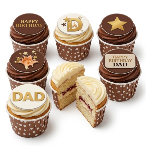 Assortment of chocolate and vanilla birthday cupcakes with 'Happy Birthday' and 'DAD' toppers.