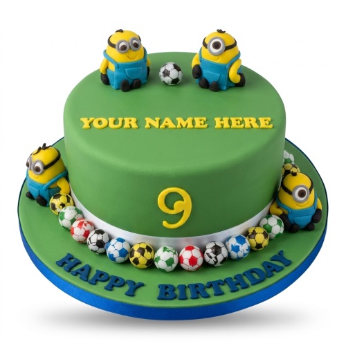 Green Minions birthday cake with footballs, custom name, and age topper.