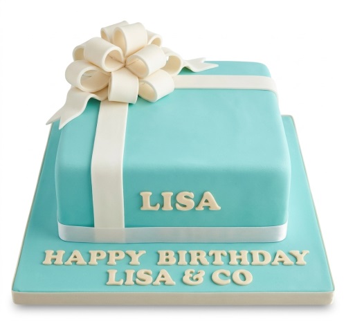 Elegant blue gift box birthday cake with a white bow and ribbon, featuring a custom message.