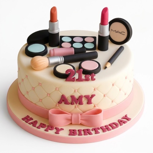 Round makeup themed birthday cake with fondant cosmetics, quilted side, pink bow, and custom age topper.