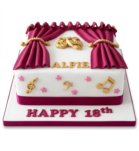 Two-tier white square cake with magenta theatre drapes, gold masks, musical notes, and pink stars.