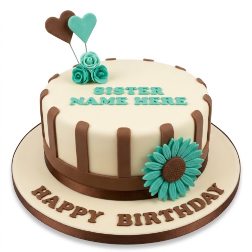 Round cream birthday cake with teal flowers, brown stripes, and heart toppers, Happy Birthday message.