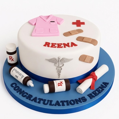 Round white cake with pink nurse scrub, medical cross, plasters, caduceus, medicine, syringe, and diploma.