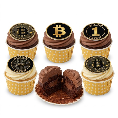 Six cupcakes with gold and black Bitcoin and crypto themed toppers in yellow polka dot cases.
