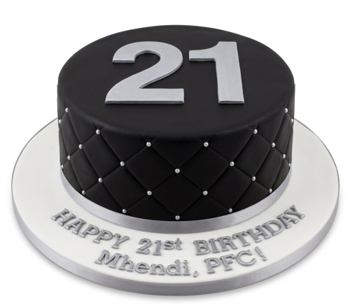 Black and silver quilted adult birthday cake with custom age topper and personalised message on board.