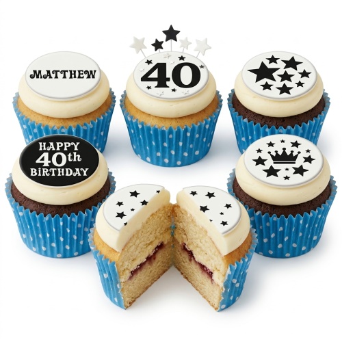 Six cupcakes with white frosting, blue polka dot cases, and black and white star-themed edible toppers, including a custom age and name example.