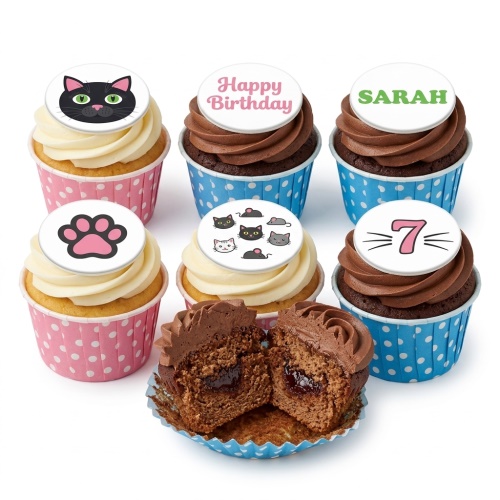 Cat theme birthday cupcakes with various cat faces, a paw print, and a custom age topper.