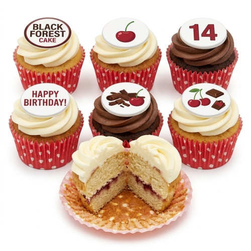 Black Forest inspired birthday cupcakes with cherry and chocolate decorations, some with "Happy Birthday" and a custom age topper.