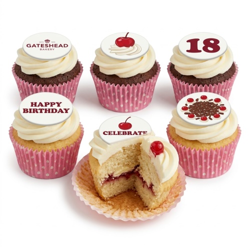 Assortment of birthday cupcakes with white frosting, cherry, chocolate flake, and custom age toppers.