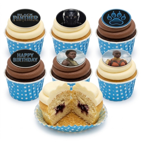 Black Panther themed cupcakes with character toppers, logo, paw print, and "Happy Birthday" message in blue polka dot cases.