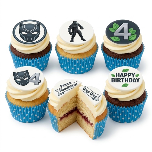 Black Panther themed birthday cupcakes with custom age and Happy Birthday toppers.