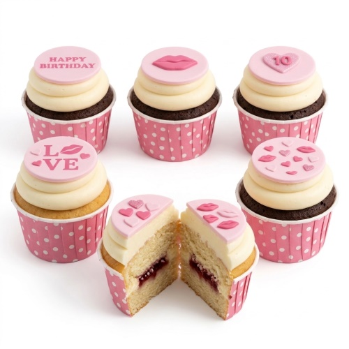 Pink love heart and lips birthday cupcakes with custom age topper and messages.