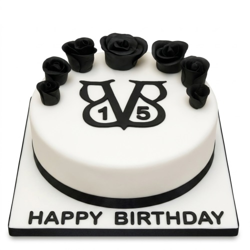 White round birthday cake with black BVB logo, custom age, black roses, and 'Happy Birthday' message.