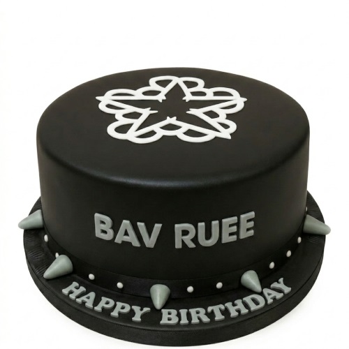 Black round birthday cake with white Black Veil Brides logo and grey spikes.