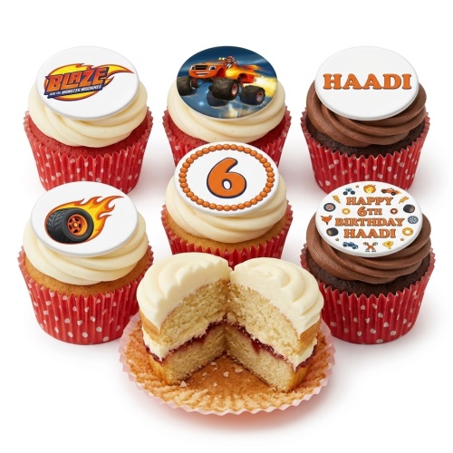 Blaze and the Monster Machines themed cupcakes with custom age and personalised name toppers.