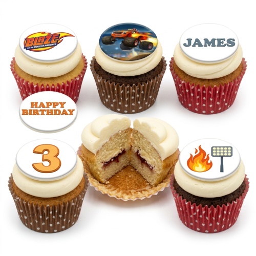 Blaze and the Monster Machines themed cupcakes with monster truck, fire, and custom age and name toppers.