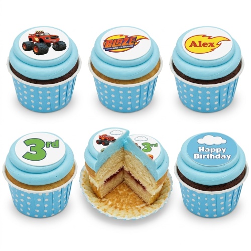 Set of six Blaze and the Monster Machines themed cupcakes with blue frosting and polka dot wrappers, featuring Blaze truck, logo, custom name, custom age, and Happy Birthday toppers.