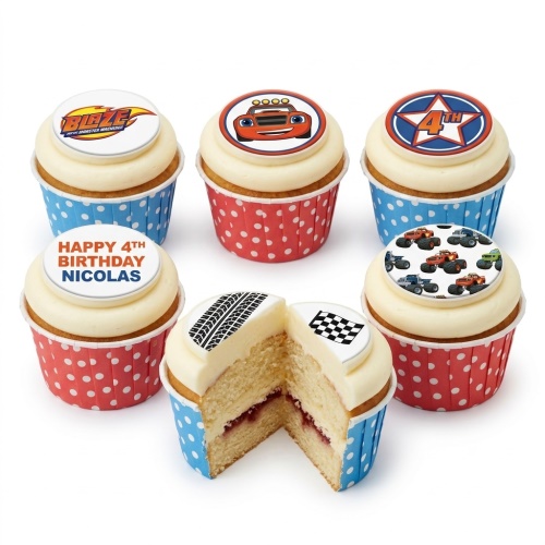 Blaze and the Monster Machines themed cupcakes with monster trucks, tire tracks, checkered flag, and custom age topper.