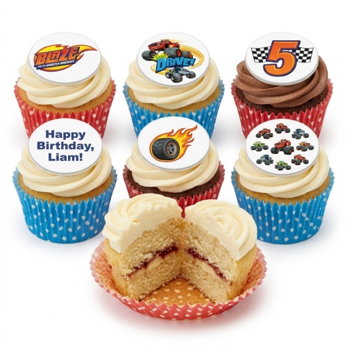 Blaze and the Monster Machines themed cupcakes with monster trucks, flaming wheel, and custom age topper.