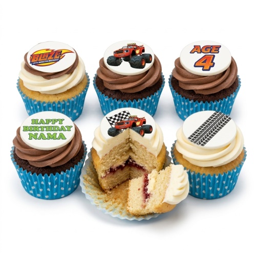 Blaze and the Monster Machine themed birthday cupcakes with custom age topper and tyre track designs.