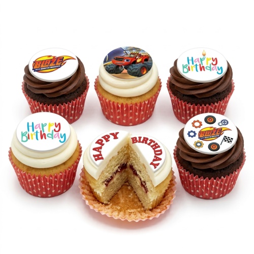 Six cupcakes with Blaze and the Monster Machines edible toppers and "Happy Birthday" messages.