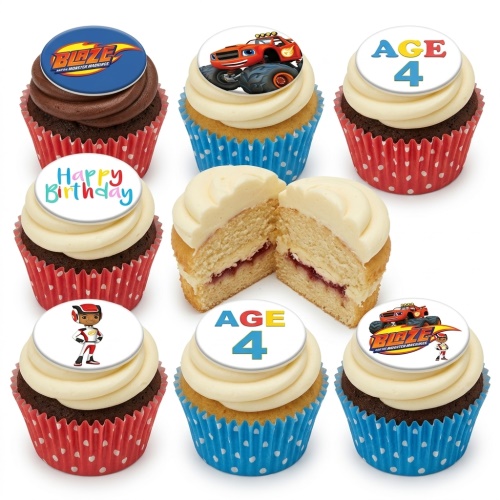 Blaze and the Monster Machines themed cupcakes with character and logo toppers, custom age, and 'Happy Birthday' message.