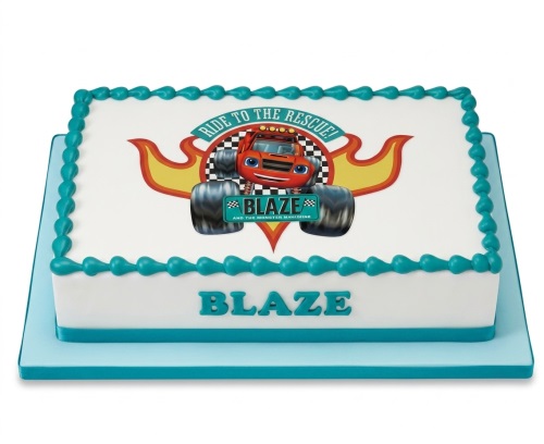 Rectangular Blaze and the Monster Machines birthday cake with a teal border and a large edible image of Blaze.