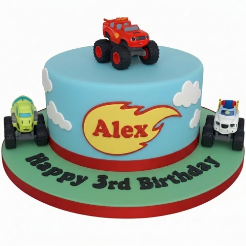 Round blue monster truck birthday cake with Blaze, Zeg, Crusher figures and clouds.