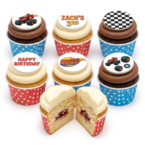 Blaze and the Monster Machine cupcakes with character, logo, racing flag, and custom age toppers.