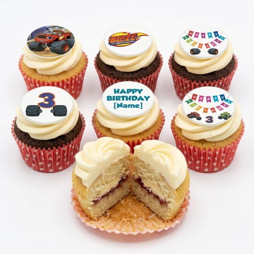 Blaze and the Monster Machines themed cupcakes with monster truck wheels and a custom age topper.