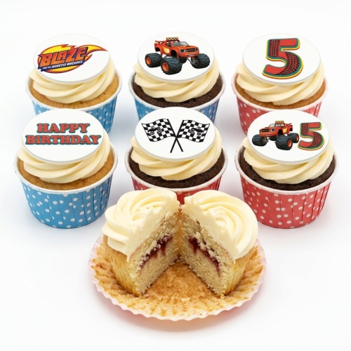 Blaze and the Monster Machines themed cupcakes with monster truck, logo, racing flags, custom age topper, and Happy Birthday message.