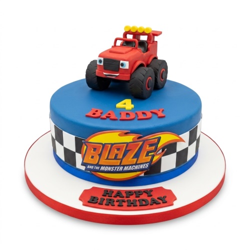 Blue Blaze and the Monster Machines birthday cake with 3D monster truck topper and custom age.