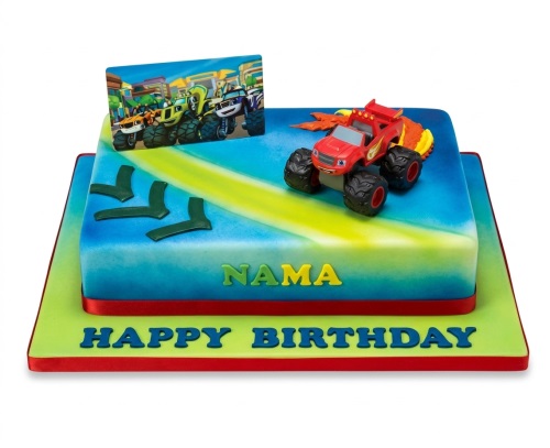 Two-tier Blaze and the Monster Machines birthday cake with Blaze figurine and edible image.