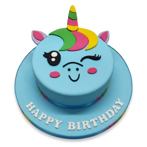 Two-tier light blue unicorn face birthday cake with rainbow mane and horn.