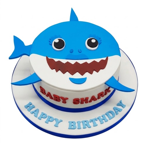Round two-tier Baby Shark themed birthday cake with blue shark head and fins.