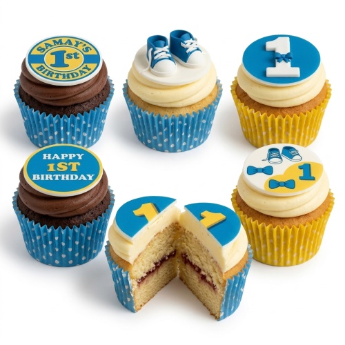 A selection of 1st Birthday cupcakes for a baby boy, decorated with blue baby shoes, bow ties, and the number one toppers.