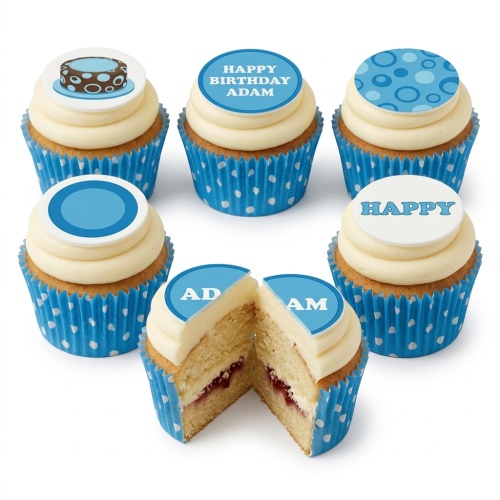 Set of blue birthday cupcakes with white frosting and personalised message toppers, including a gift box design.