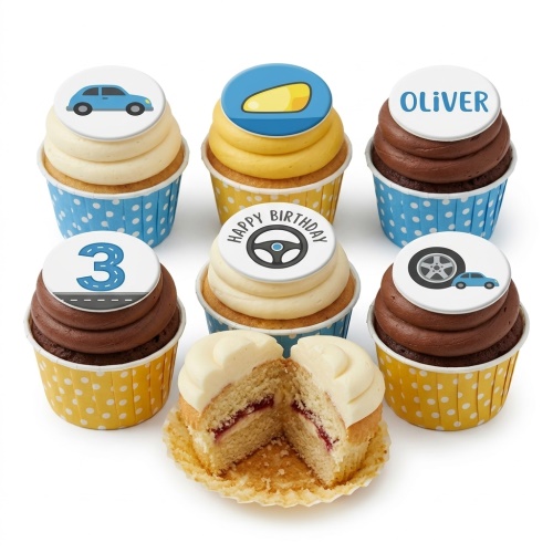 Car theme birthday cupcakes with blue and yellow cases, featuring car, steering wheel, and custom age toppers.