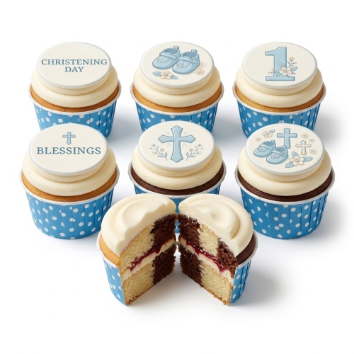 Blue and white Christening cupcakes with baby booties, crosses, and "Christening Day" toppers.
