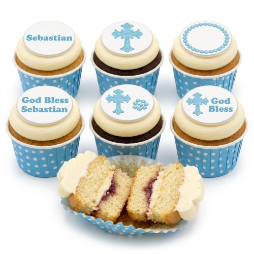 White and blue Christening cupcakes with cross designs and personalised messages.