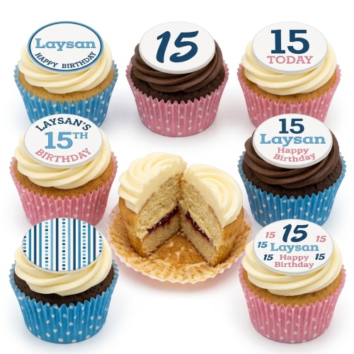 Vanilla and chocolate cupcakes with custom age and name toppers in blue and pink.