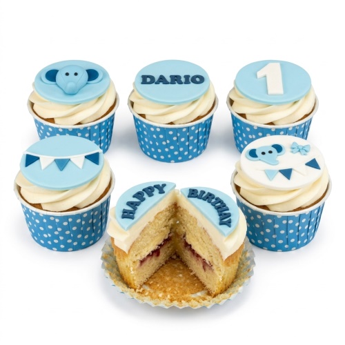 Blue baby elephant and bunting birthday cupcakes with custom age and name toppers.