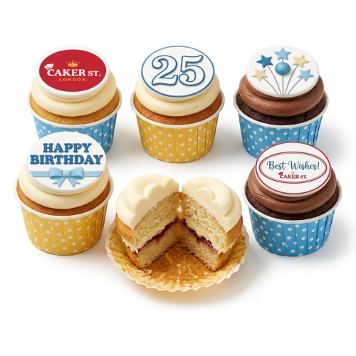 Assortment of celebration birthday cupcakes with custom age topper, 'Happy Birthday' message, stars, and 'Best Wishes!' messages.